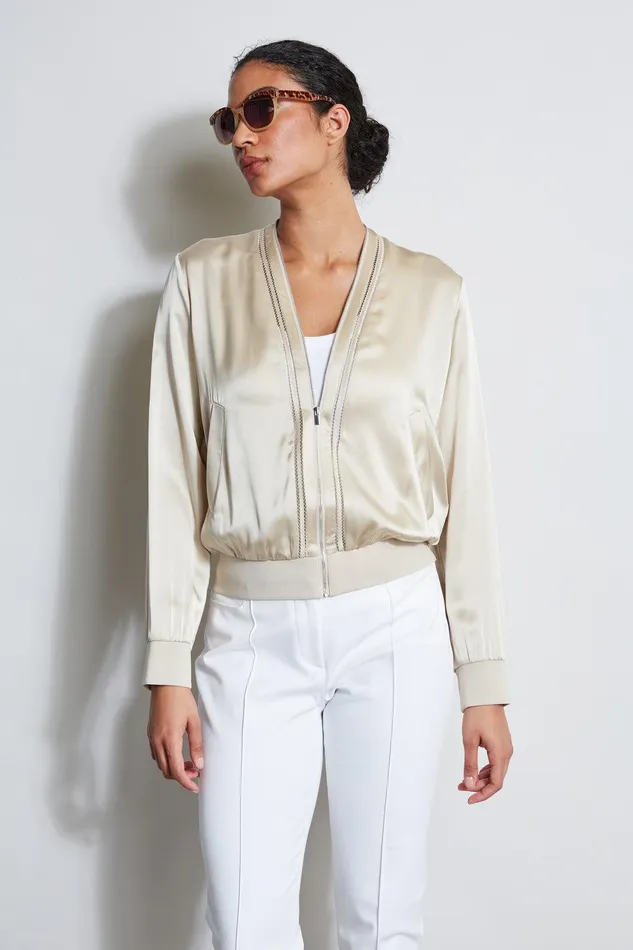 Elie Tahari Silk Satin Bomber Jacket Driftwood Women Jackets and Blazers