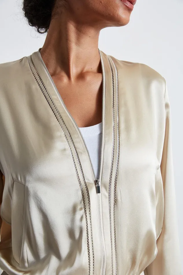 Elie Tahari Silk Satin Bomber Jacket Driftwood Women Jackets and Blazers