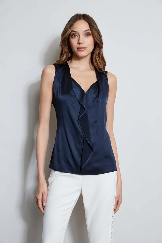 Elie Tahari Silk Satin Sleeveless Cascade Shirt Stargazer Women Tops