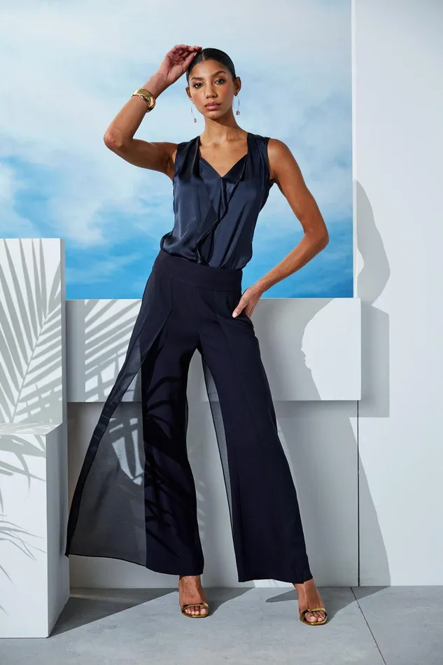 Elie Tahari Silk Satin Sleeveless Cascade Shirt Stargazer Women Tops