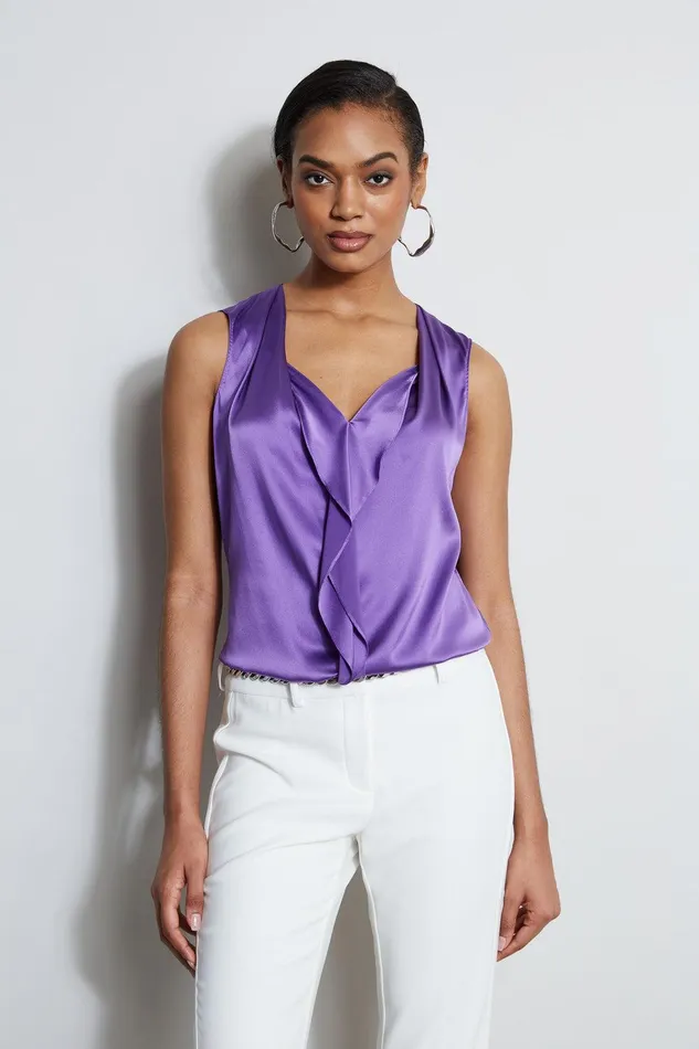 Elie Tahari Silk Satin Sleeveless Cascade Shirt Violet Women Tops