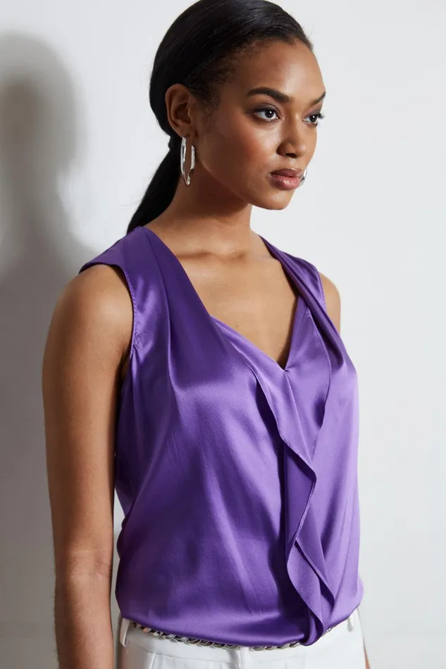 Elie Tahari Silk Satin Sleeveless Cascade Shirt Violet Women Tops