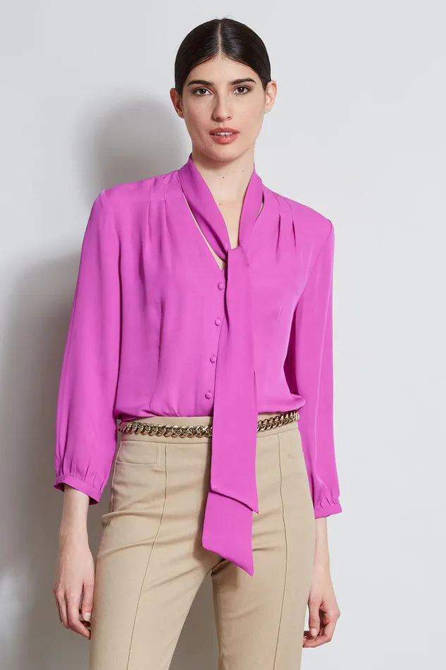 Elie Tahari Silk Tie Button Shirt Peony Women Tops