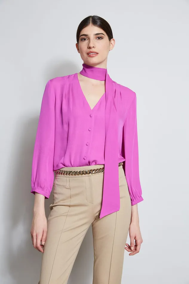 Elie Tahari Silk Tie Button Shirt Peony Women Tops