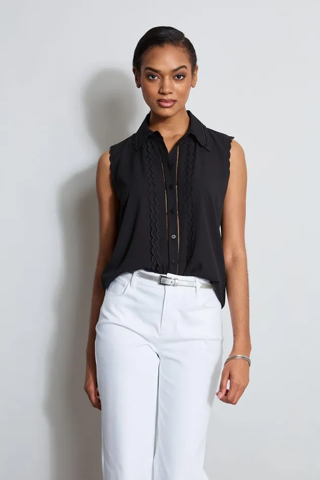 Elie Tahari Sleeveless ButtonDown Shirt Noir Women Tops