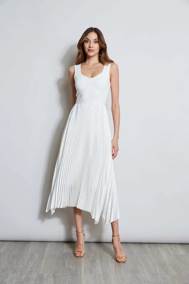 Elie Tahari Sleeveless Contour Pleated Midi Dress Sky White Women Dresses and Jumpsuits