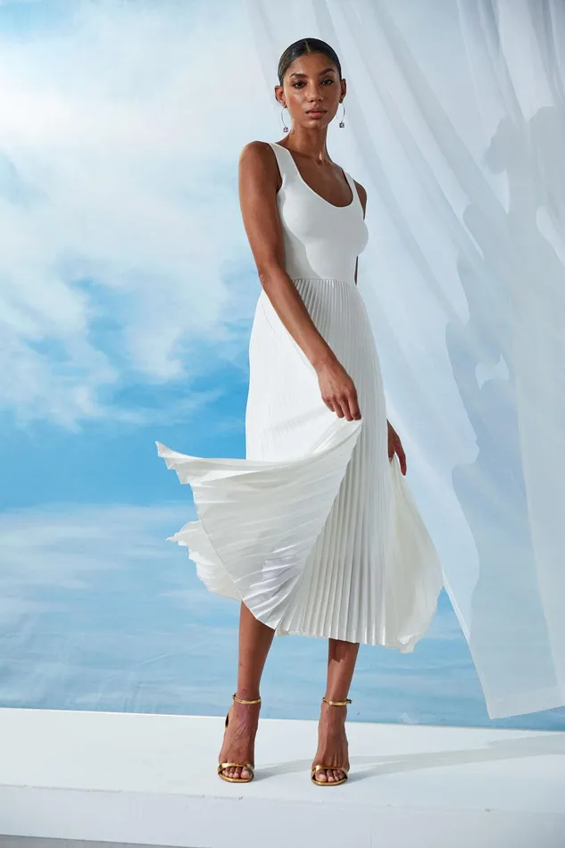Elie Tahari Sleeveless Contour Pleated Midi Dress Sky White Women Dresses and Jumpsuits