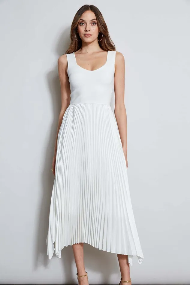 Elie Tahari Sleeveless Contour Pleated Midi Dress Sky White Women Dresses and Jumpsuits