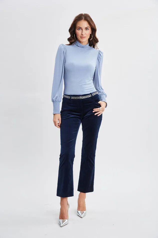 Elie Tahari Smocked Turtleneck Knit Blue Frost Women Tops