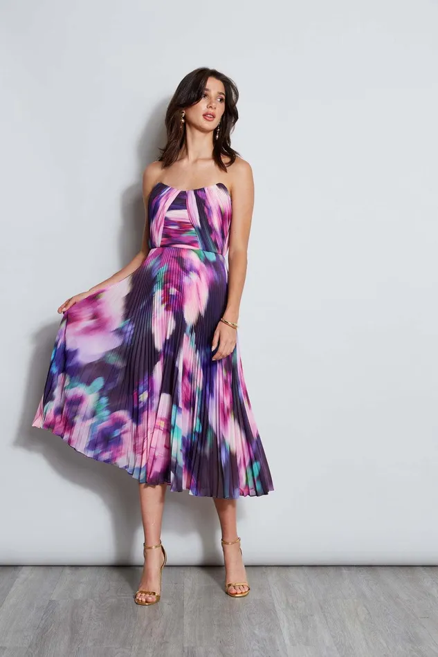 Elie Tahari Strapless Pleated Print Midi Dress Multi Women Dresses and Jumpsuits