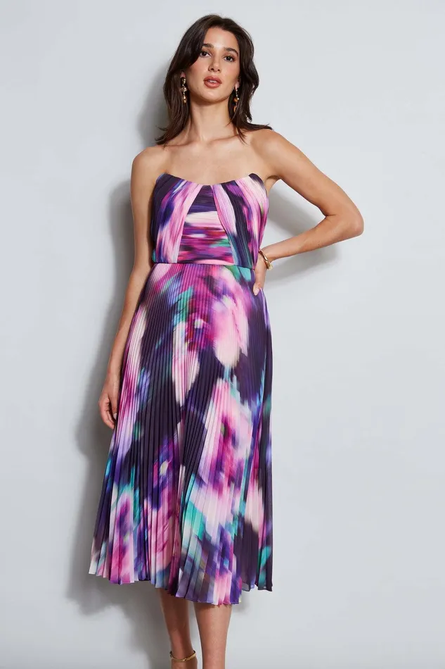 Elie Tahari Strapless Pleated Print Midi Dress Multi Women Dresses and Jumpsuits