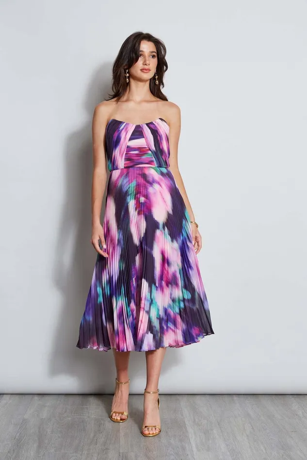 Elie Tahari Strapless Pleated Print Midi Dress Multi Women Dresses and Jumpsuits