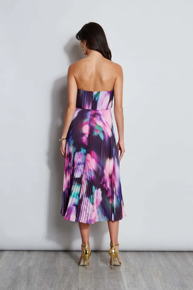 Elie Tahari Strapless Pleated Print Midi Dress Multi Women Dresses and Jumpsuits