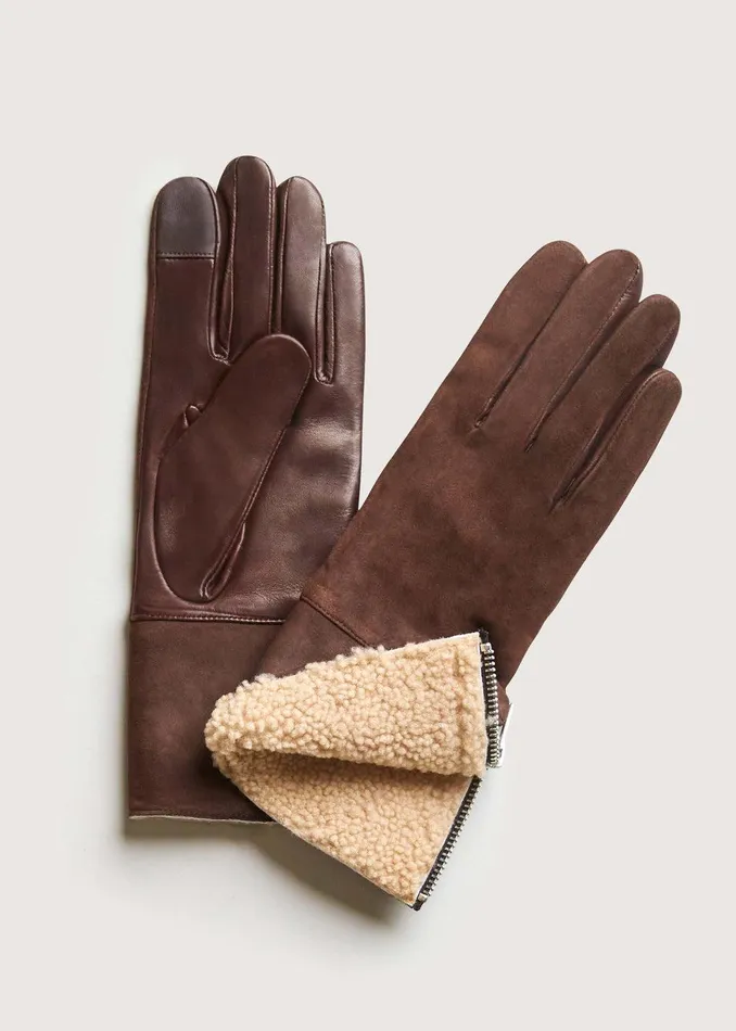 Elie Tahari Suede Shearling Gloves Dark Brownnatural Women Gloves