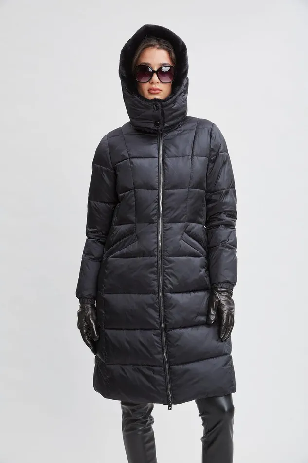 Elie Tahari Tahari Faux Fur Trimmed Puffer Coat Black Women Coats