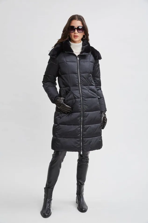 Elie Tahari Tahari Faux Fur Trimmed Puffer Coat Black Women Coats