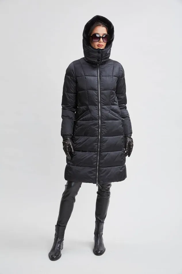 Elie Tahari Tahari Faux Fur Trimmed Puffer Coat Black Women Coats