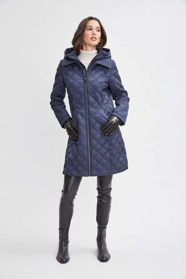 Elie Tahari Tahari Quilted Puffer Coat Navy Women Coats
