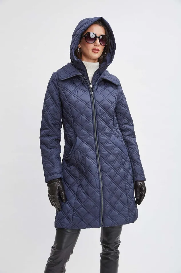 Elie Tahari Tahari Quilted Puffer Coat Navy Women Coats