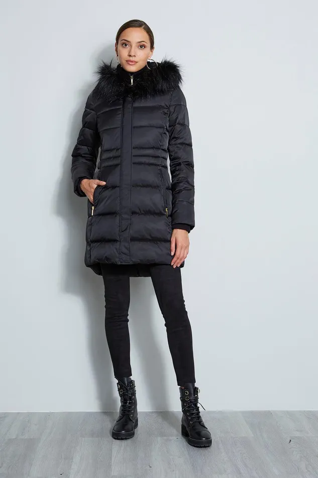 Elie Tahari Tahari Stitched Faux Fur Hood Puffer Coat Black Women Coats