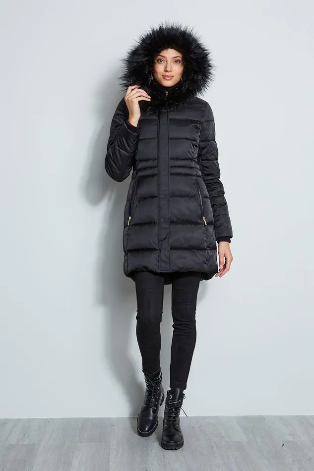Elie Tahari Tahari Stitched Faux Fur Hood Puffer Coat Black Women Coats