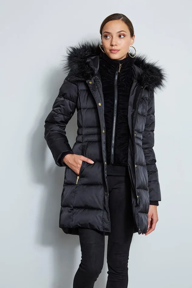 Elie Tahari Tahari Stitched Faux Fur Hood Puffer Coat Black Women Coats
