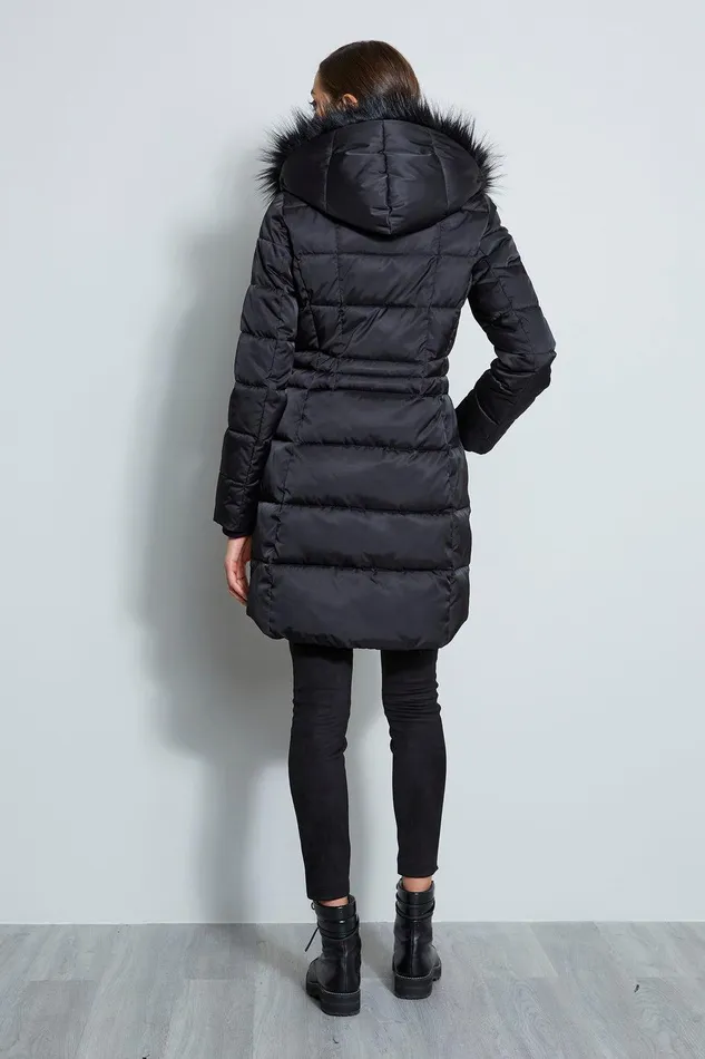 Elie Tahari Tahari Stitched Faux Fur Hood Puffer Coat Black Women Coats