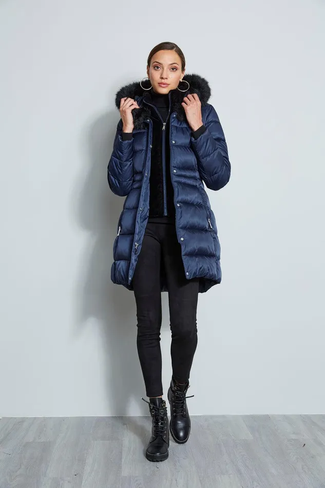 Elie Tahari Tahari Stitched Faux Fur Hood Puffer Coat Galaxy Women Coats