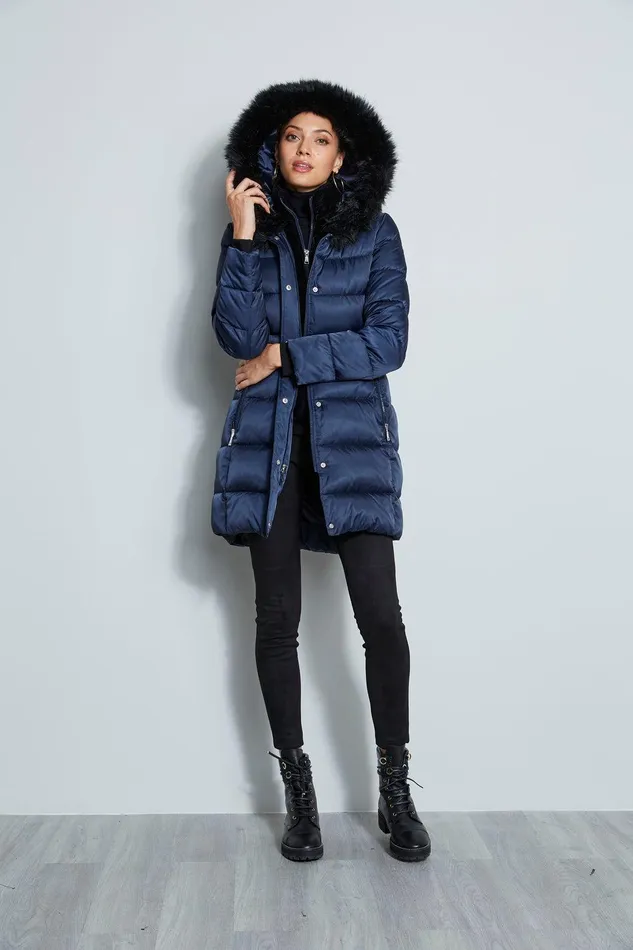 Elie Tahari Tahari Stitched Faux Fur Hood Puffer Coat Galaxy Women Coats