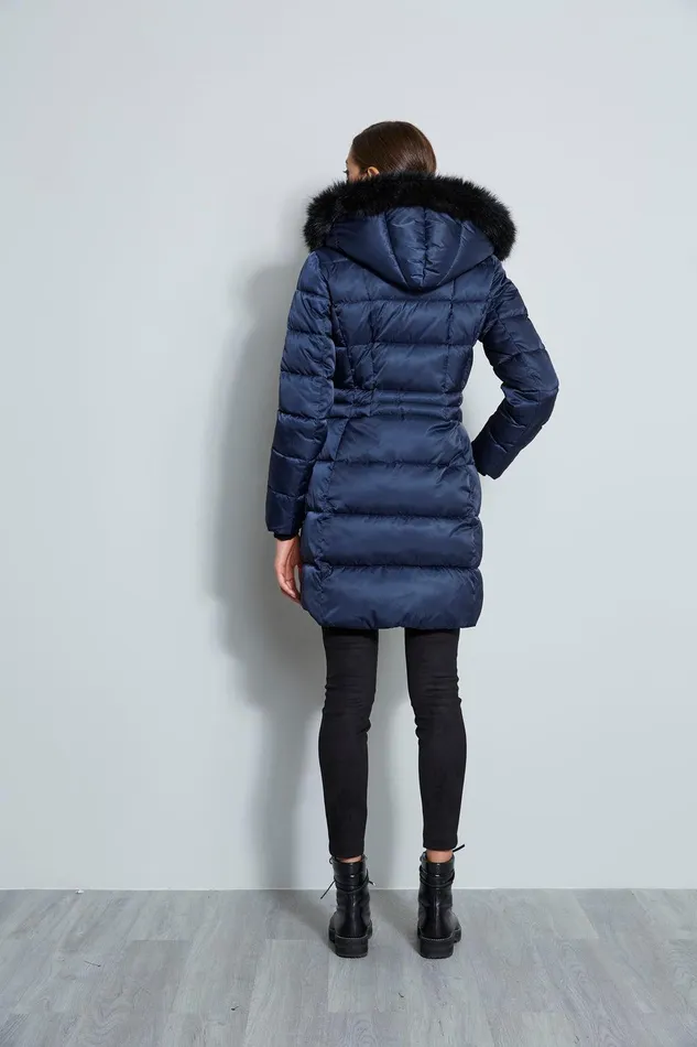 Elie Tahari Tahari Stitched Faux Fur Hood Puffer Coat Galaxy Women Coats