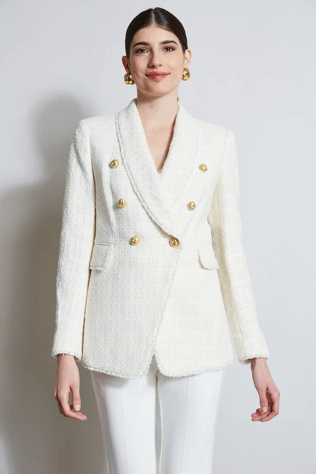 Elie Tahari Tweed Double Breasted Blazer Foam Women Jackets and Blazers