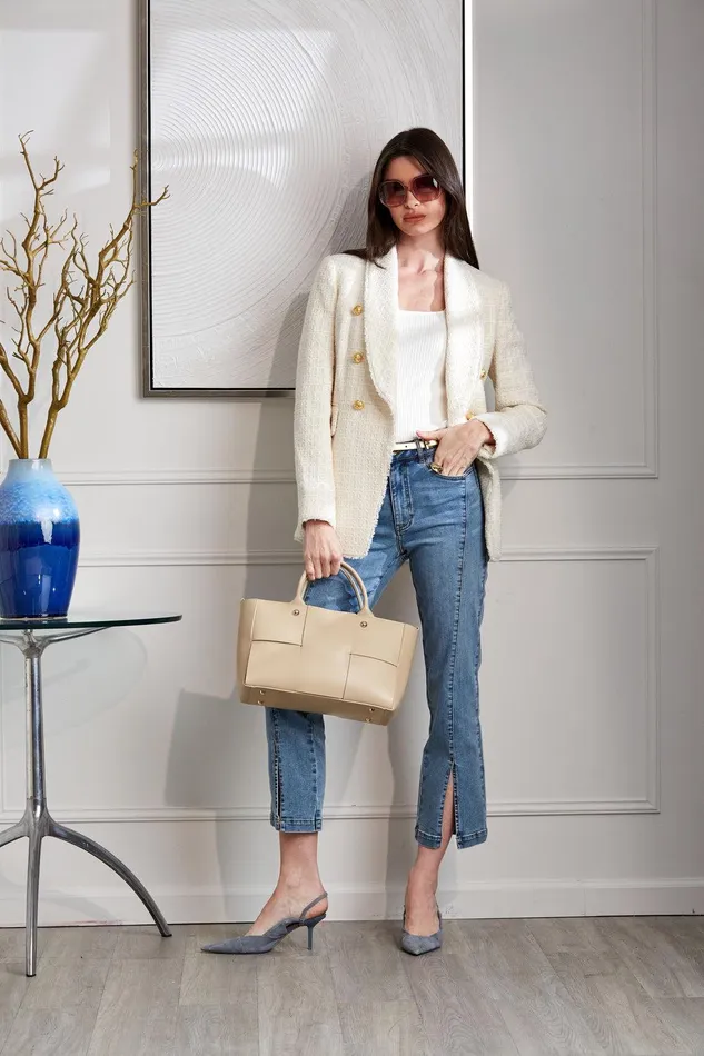 Elie Tahari Tweed Double Breasted Blazer Foam Women Jackets and Blazers