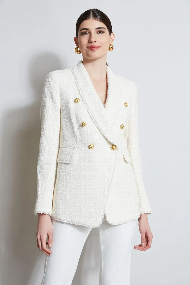 Elie Tahari Tweed Double Breasted Blazer Foam Women Jackets and Blazers