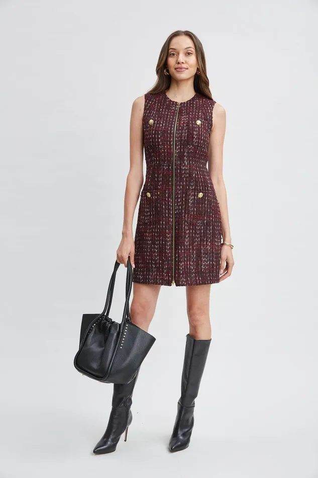 Elie Tahari Tweed Pocket Dress Cordovan Multi Women Suiting