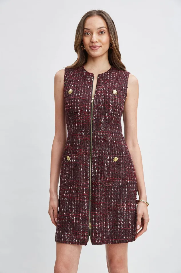 Elie Tahari Tweed Pocket Dress Cordovan Multi Women Suiting