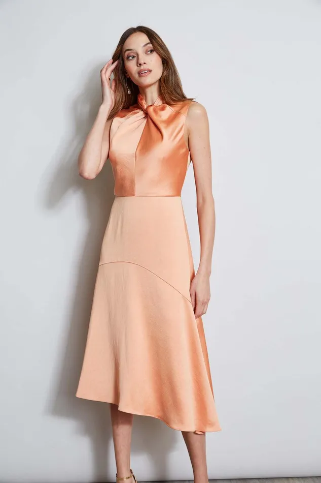 Elie Tahari Twist Neck Satin Dress Ginger Women Dresses and Jumpsuits