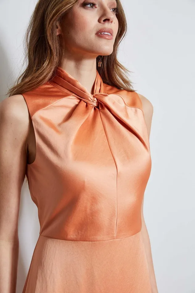 Elie Tahari Twist Neck Satin Dress Ginger Women Dresses and Jumpsuits