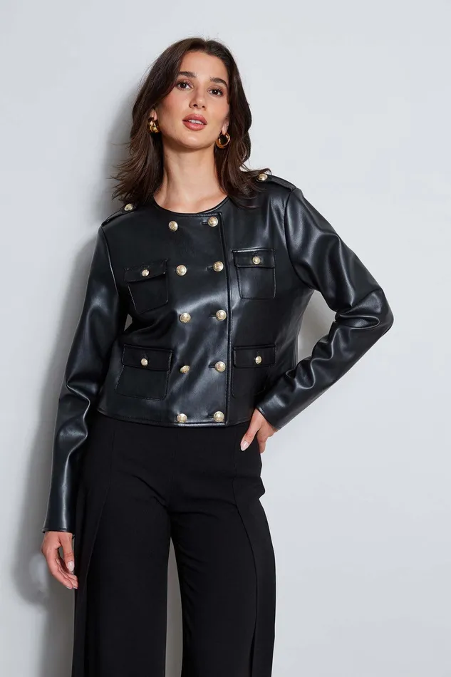 Elie Tahari Vegan Leather Crest Button Jacket Noir Women Suiting