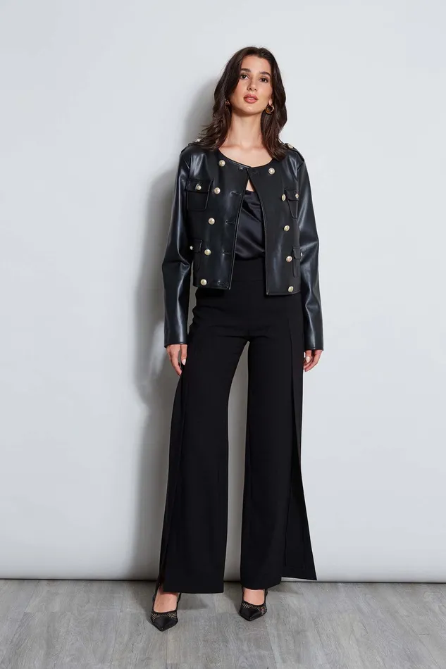 Elie Tahari Vegan Leather Crest Button Jacket Noir Women Suiting
