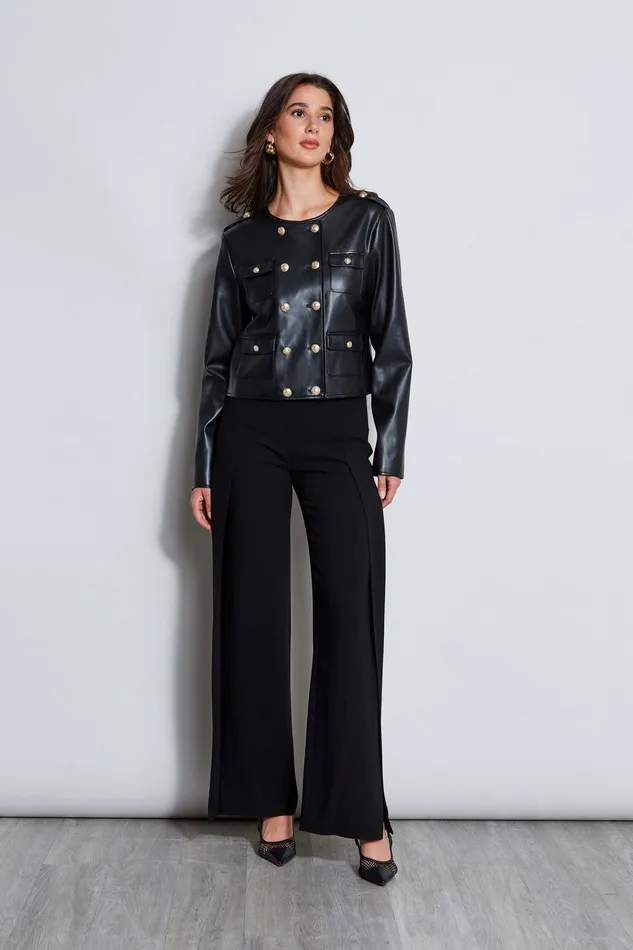 Elie Tahari Vegan Leather Crest Button Jacket Noir Women Suiting
