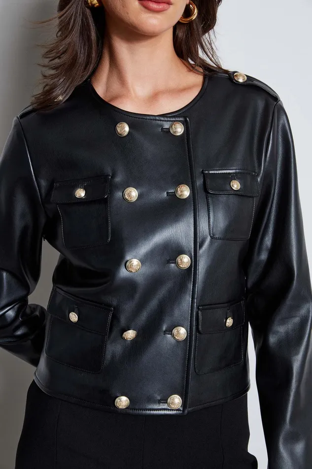 Elie Tahari Vegan Leather Crest Button Jacket Noir Women Suiting