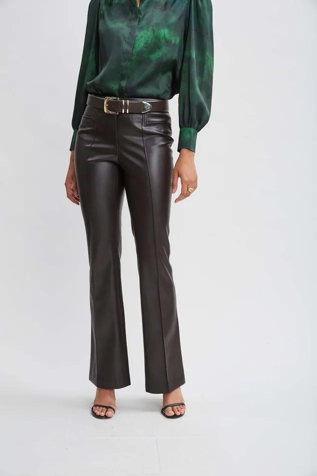 Elie Tahari Vegan Leather Seam Pants Wood Women Bottoms