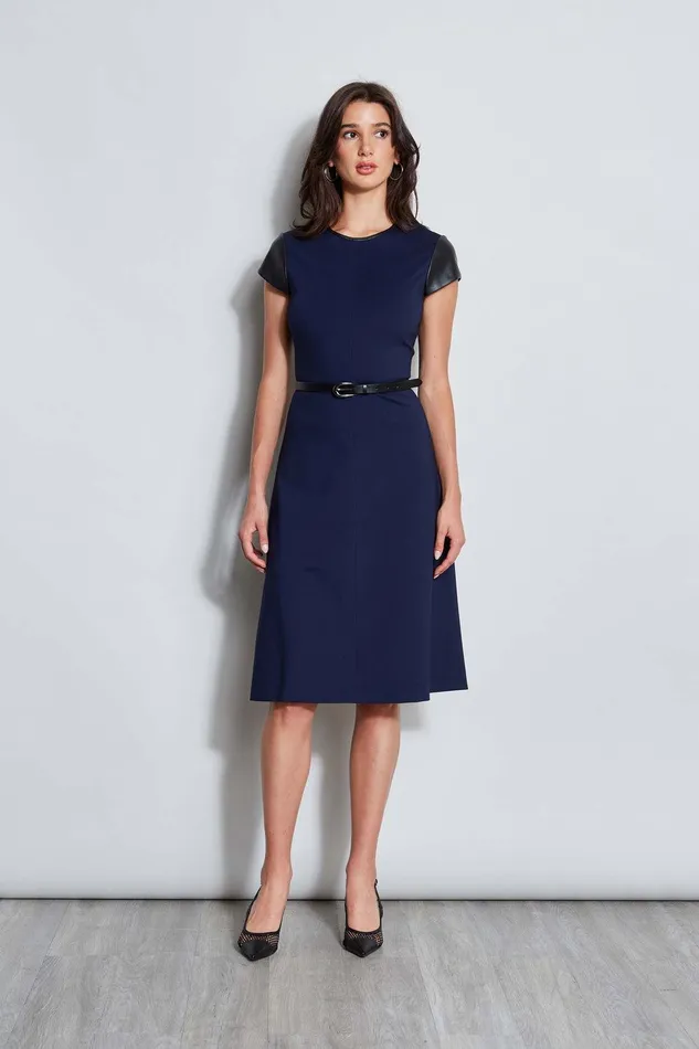 Elie Tahari Vegan Leather Short Sleeve Belted Knit Dress Galaxy Navy Women Suiting