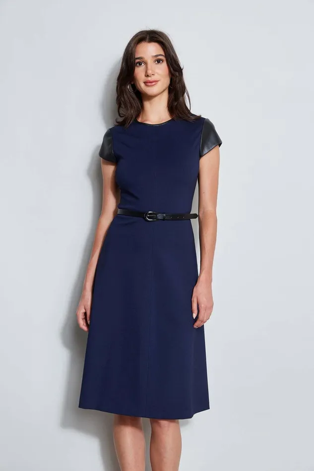 Elie Tahari Vegan Leather Short Sleeve Belted Knit Dress Galaxy Navy Women Suiting