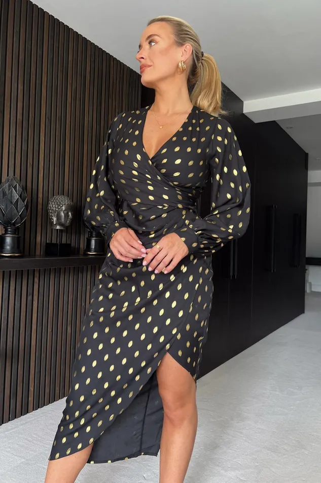 Elsa Black and Gold Long Sleeve Wrap Asymmetric Dress Women Girl In Mind Wrap Dresses