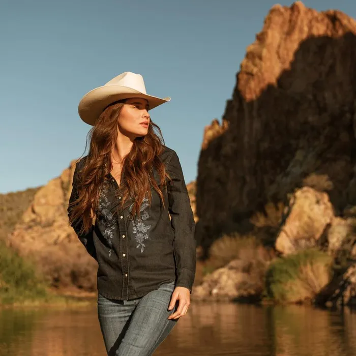 Embroidered Dark Denim Snap Front Shirt Blue Women Stetson Western Shirts