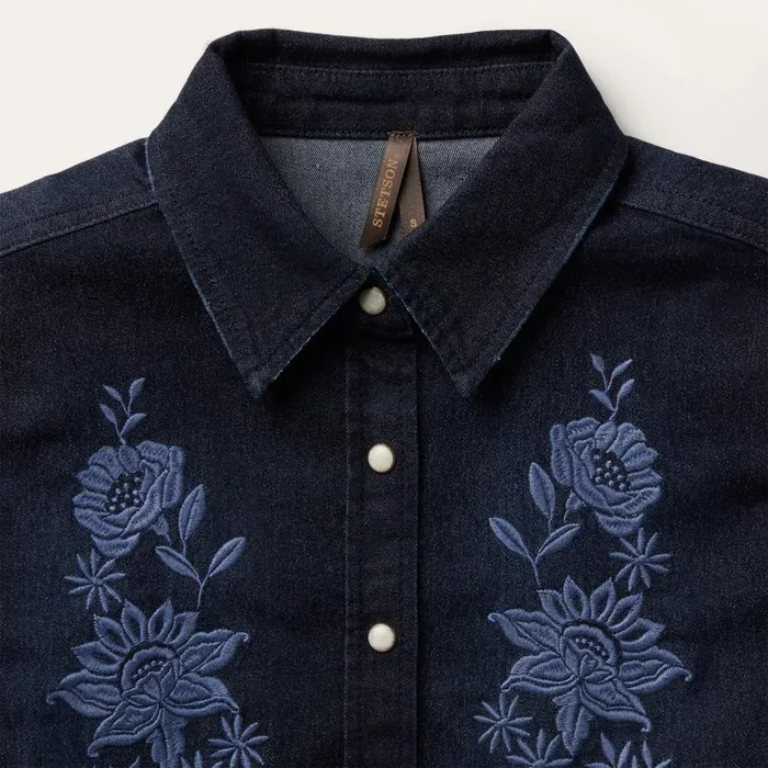 Embroidered Dark Denim Snap Front Shirt Blue Women Stetson Western Shirts