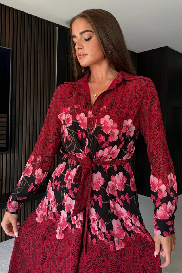 Everly Red And Pink Floral Shirt Midi Dress Women Girl In Mind Bodycon Dresses