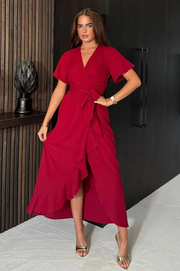 Farrah Split Hem Frill Detail Maxi Dress Wine Women Girl In Mind Maxi Dresses