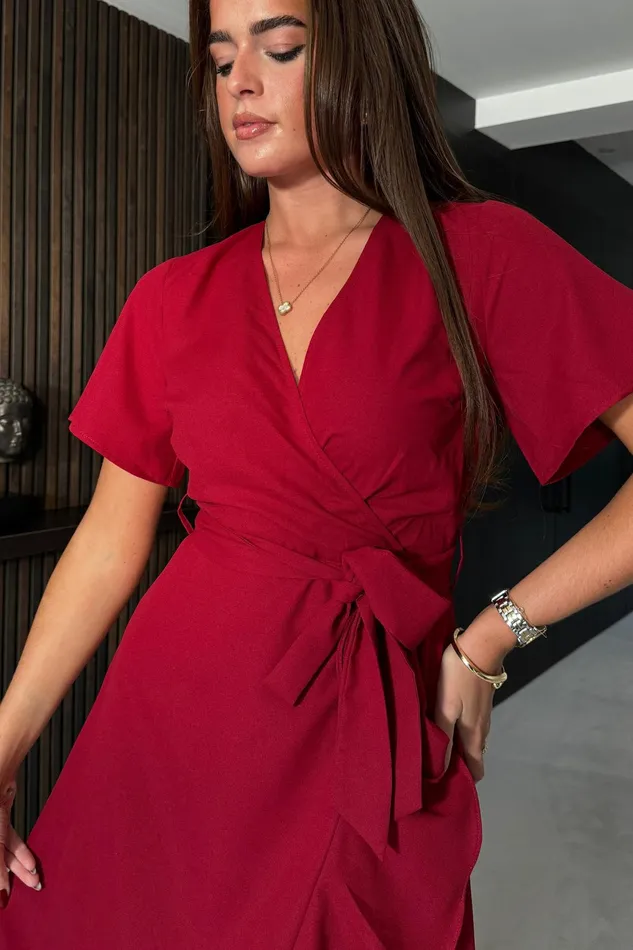 Farrah Split Hem Frill Detail Maxi Dress Wine Women Girl In Mind Maxi Dresses